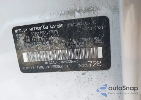 2021 Mitsubishi Mirage Carbonite Edition/Es/Le из США, поврежденный, VIN ML32AUHJXMH006442